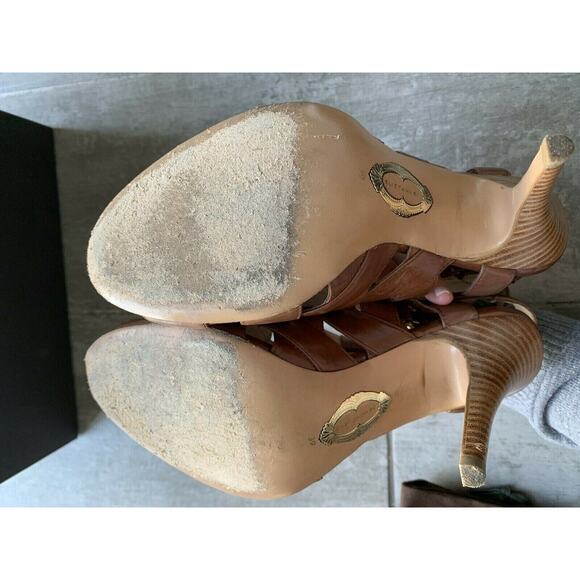 Elie Tahari High Heel Peep Toe Sandals Leather Tan Brown Strappy Designer 39 9 - Picture 9 of 10